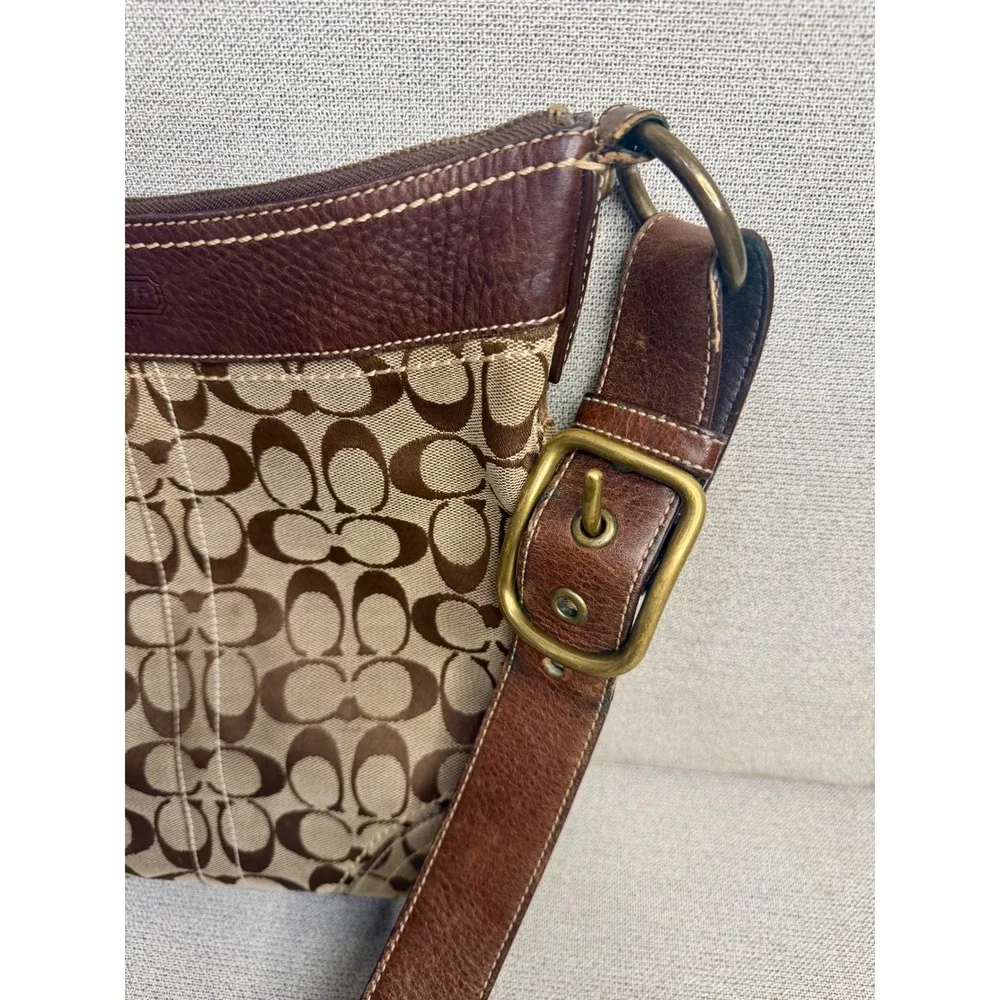 Y2K Coach Signature Jacquard Crossbody Bag Brown Leather Trim 10403 VTG‎ Khaki